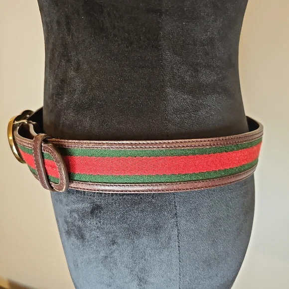 Gucci Women's Leather And Canvas Belt with Red and Green Stripes Vintage - Picture 4 of 11